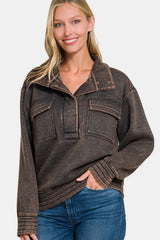Trendsi Zenana Acid Washed Half Snap Fleece Sweatshirt -