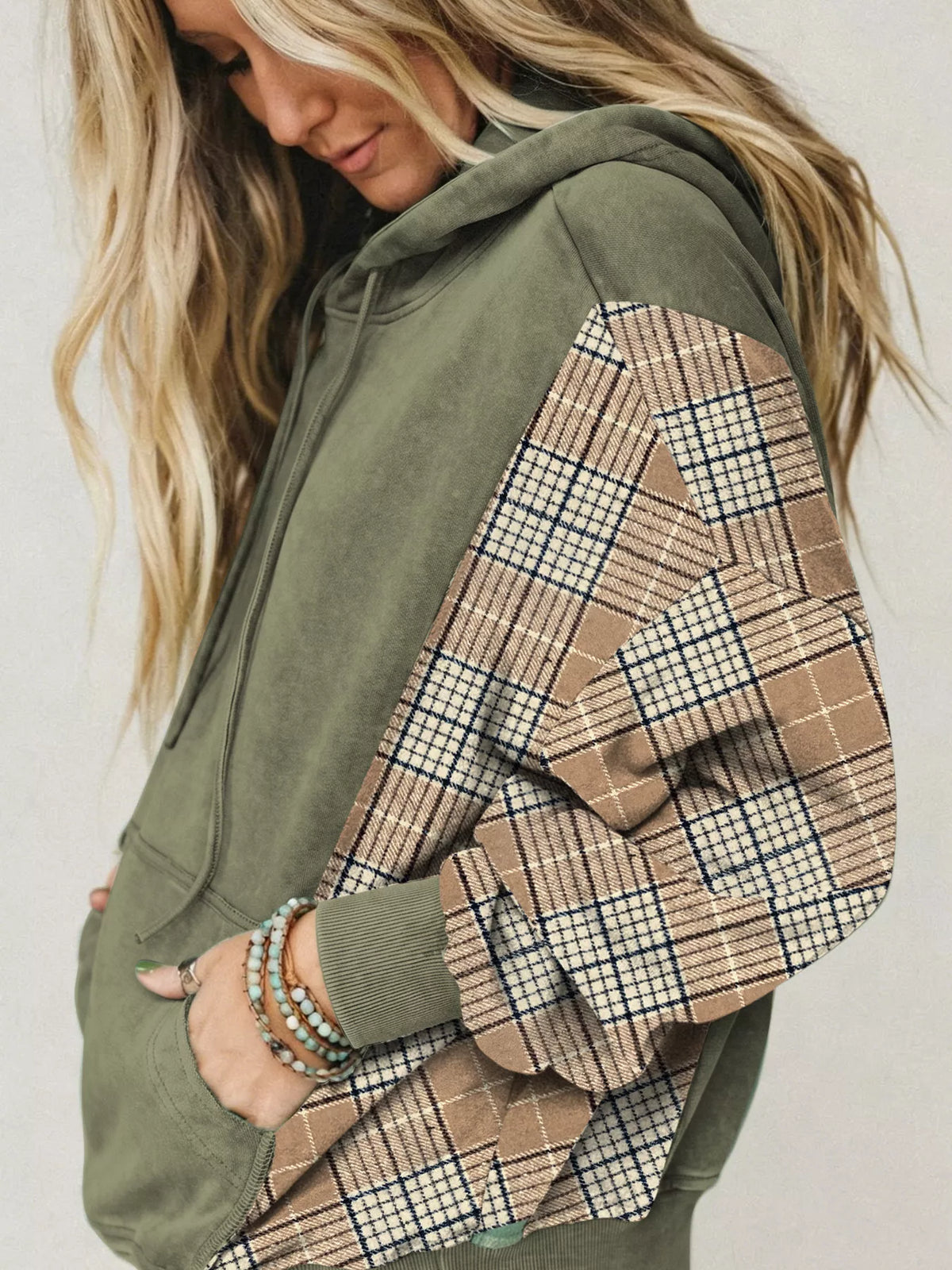 Plaid-sleeve hoodie, olive side plaid sleeve
