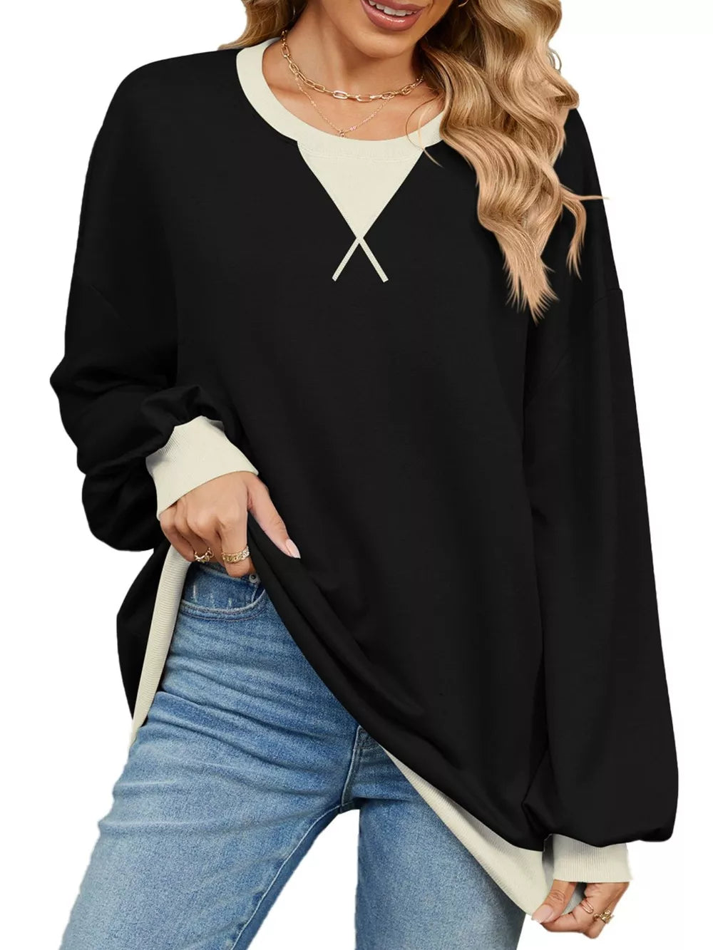 Trendsi Contrast Round Neck Long Sleeve Sweatshirt -
