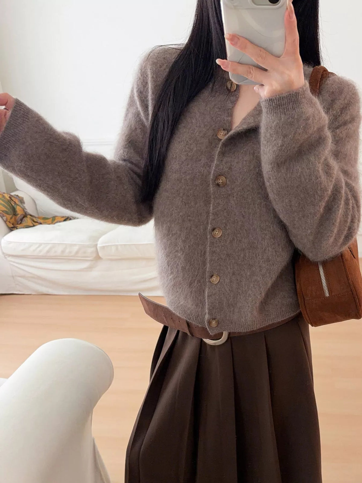 Coffee fuzzy button up cropped cardigan