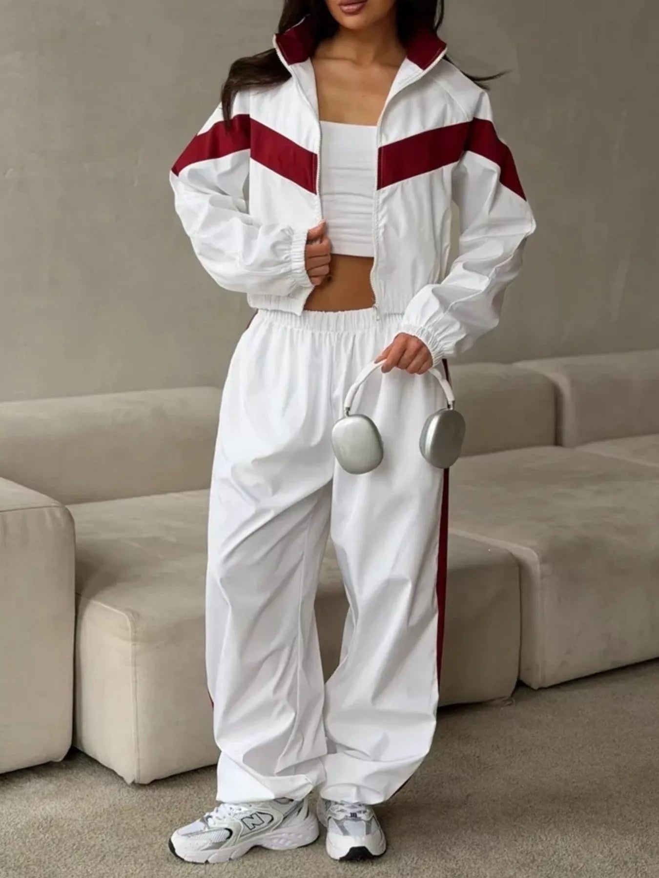 Trendsi Color Block Zip Up Outerwear and Pants Set -