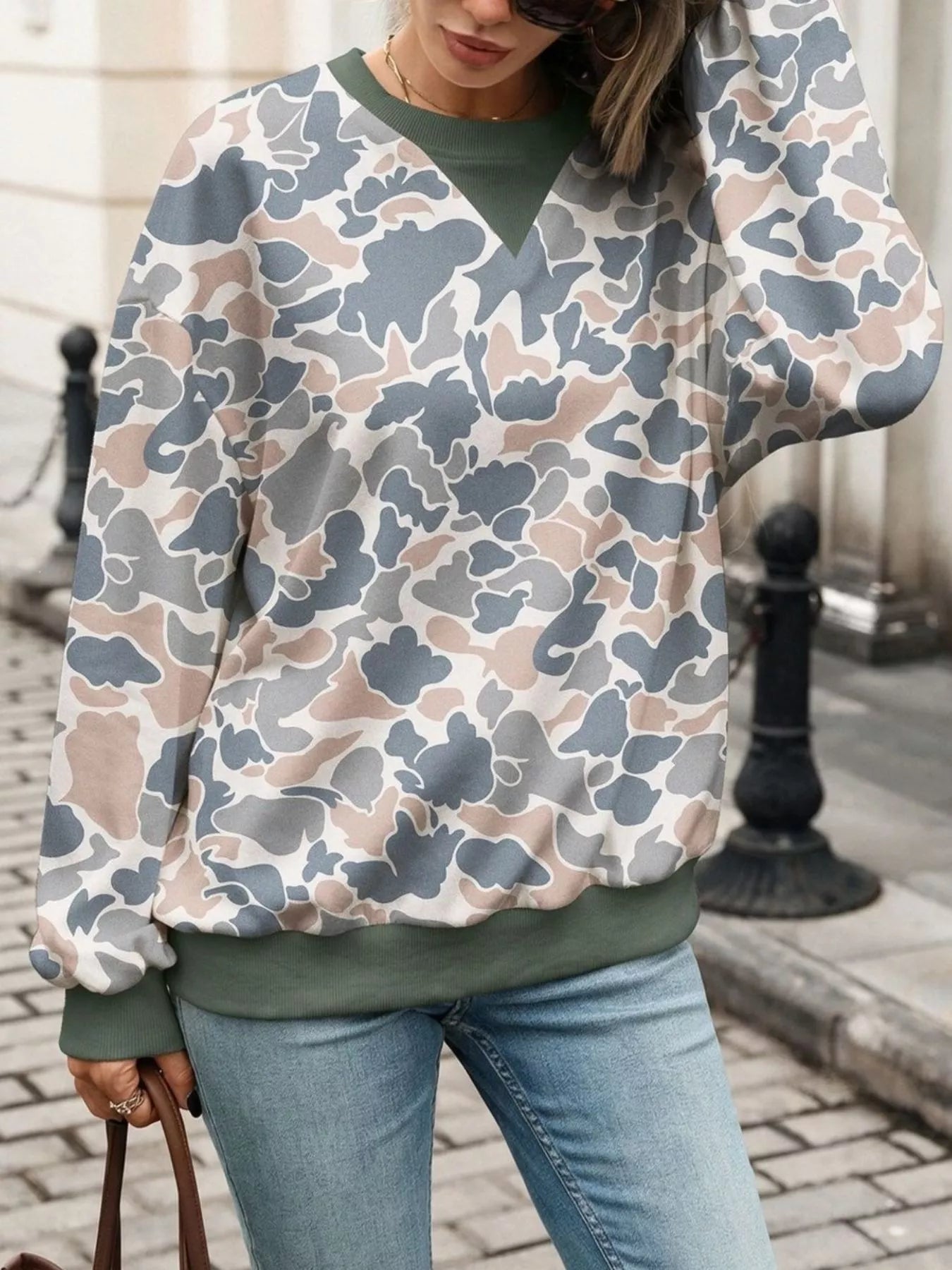 Trendsi Leaf Print Sweatshirt with Contrasting Trim -