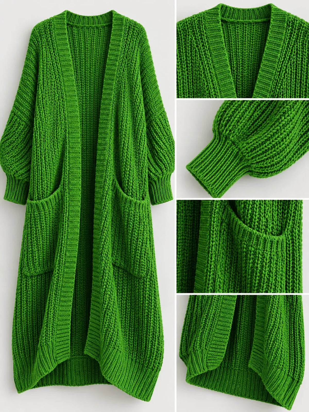 Longline knit cardigan, green detail collage