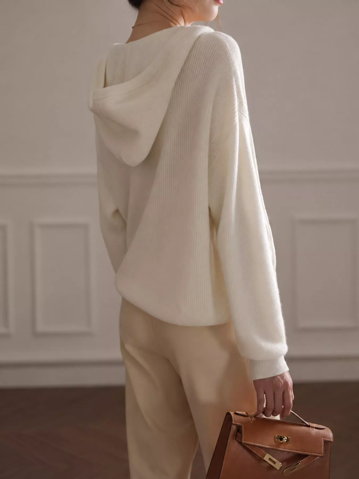 Hooded long sleeve sweater, back view