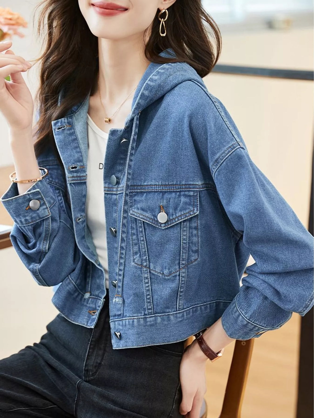 Hooded Cropped Denim Jacket in blue