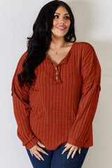 Trendsi Basic Bae Full Size Ribbed Half Button Long Sleeve T-Shirt -