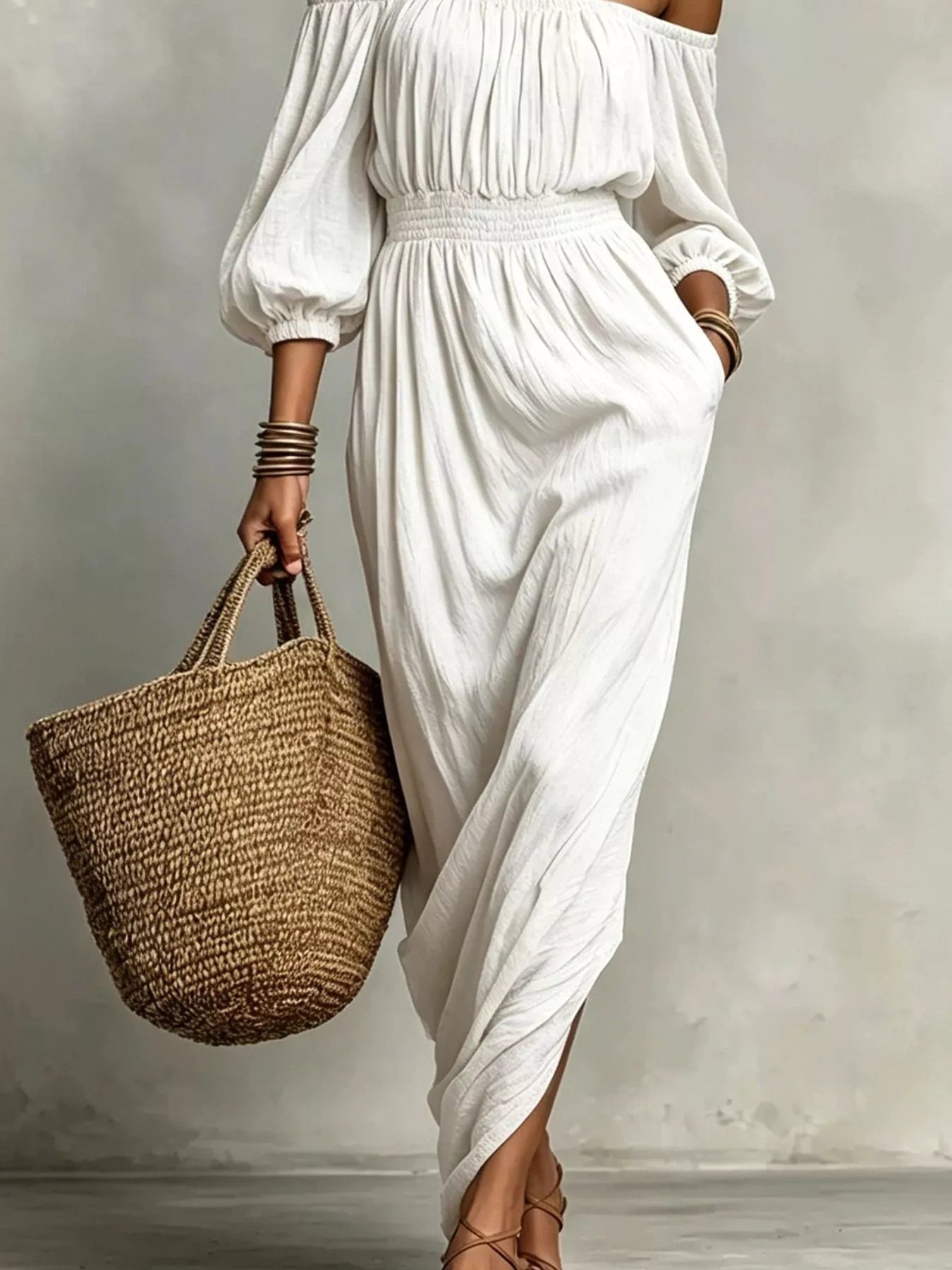 Trendsi t Off-Shoulder Smocked Waist Maxi Dress -