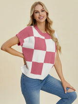 Trendsi Double Take Full Size Checkered Round Neck Short Sleeve Sweater -
