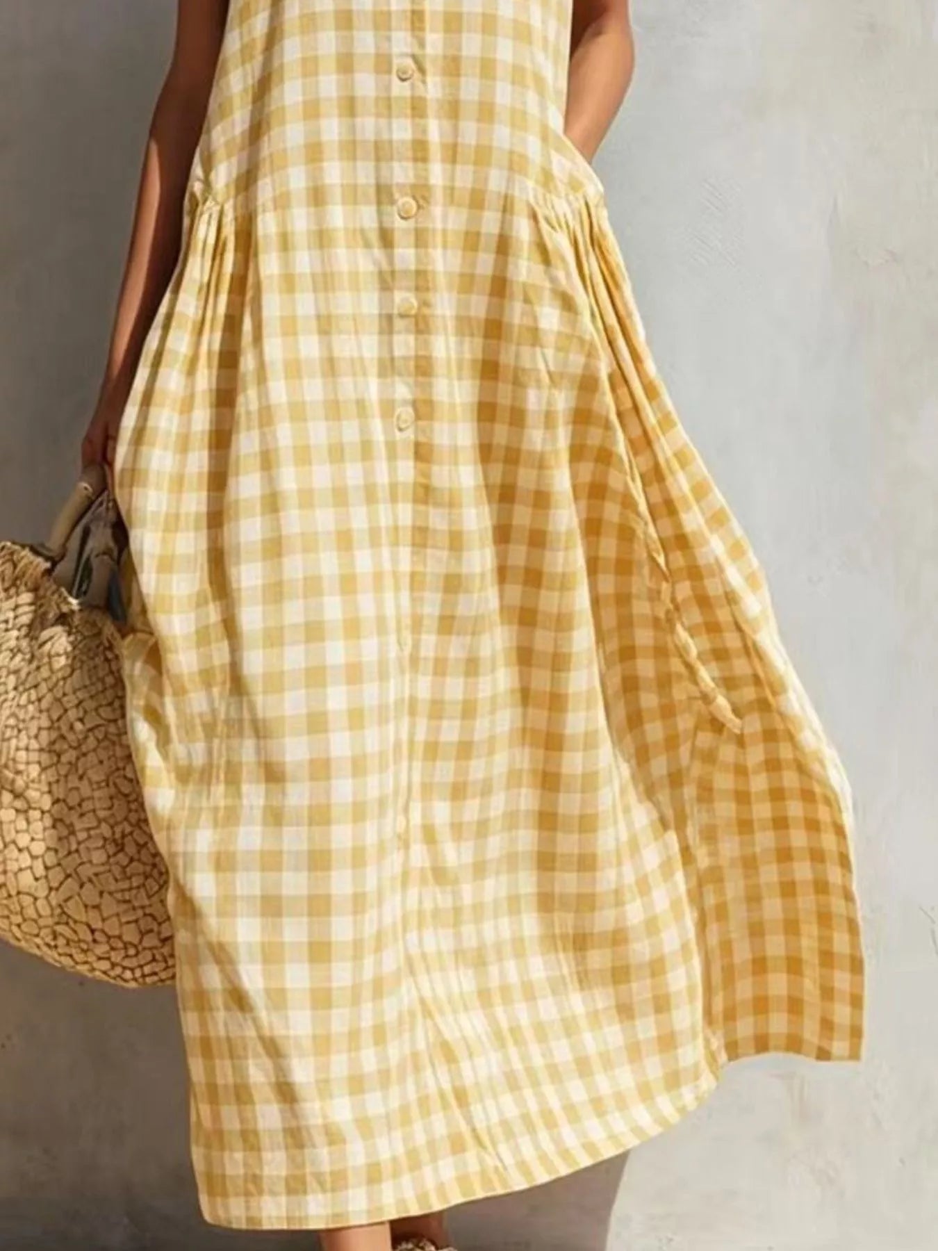 Trendsi Full Size Sleeveless Gingham Button-Down Midi Dress Plus Size -
