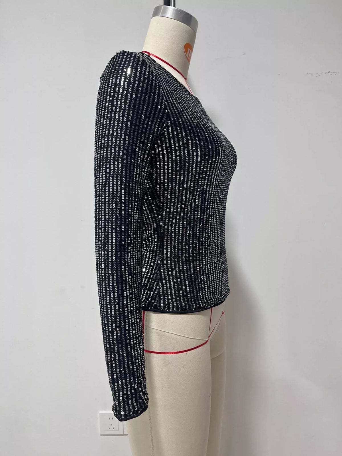 Black sequin long sleeve crop T-shirt, side product view