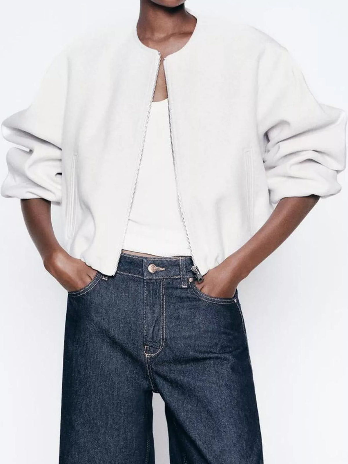Cropped Round-Neck Zip-Up Jacket — front view