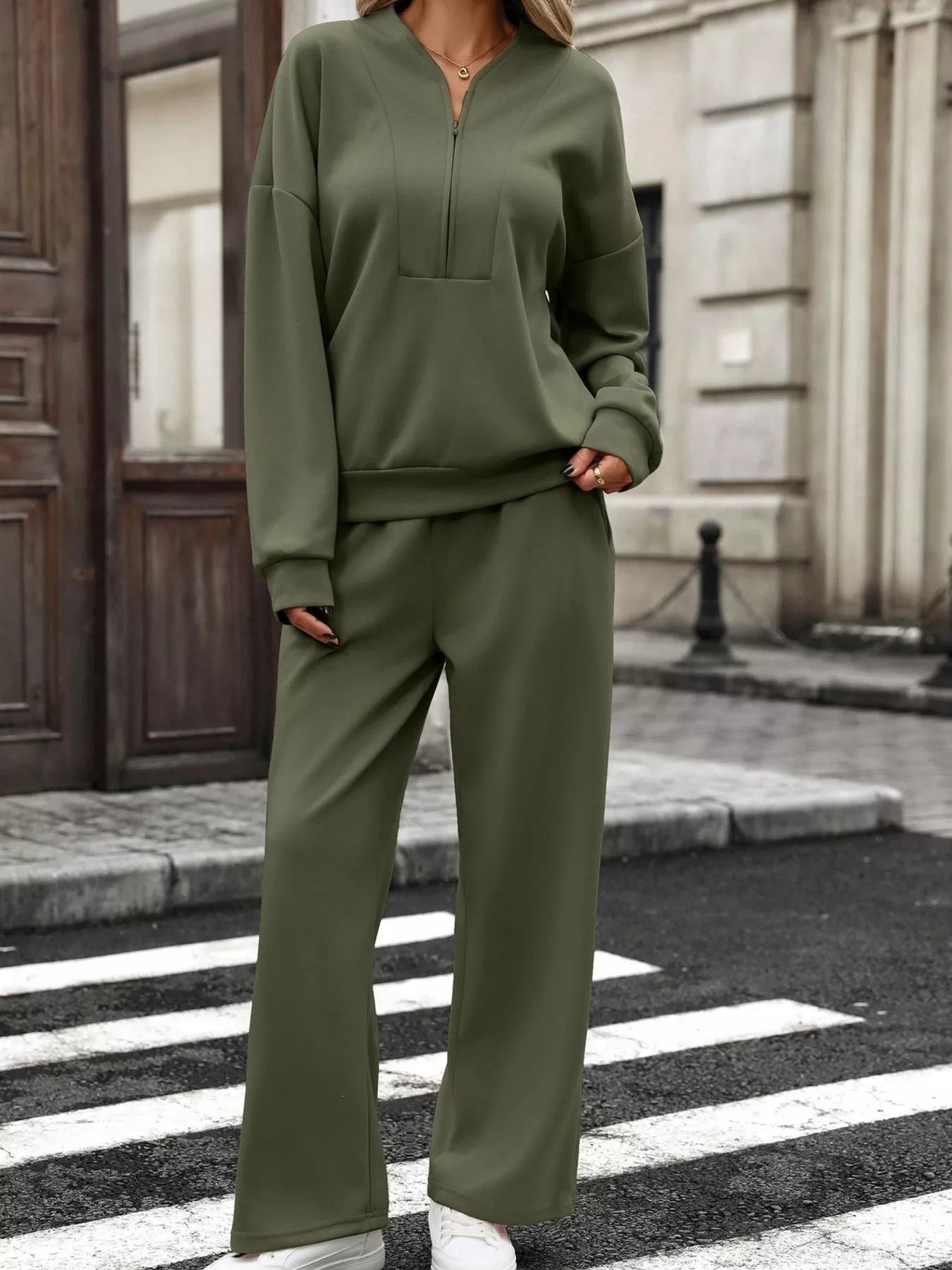 Trendsi Half Zip Sweatshirt and Wide-Leg Pants Set -