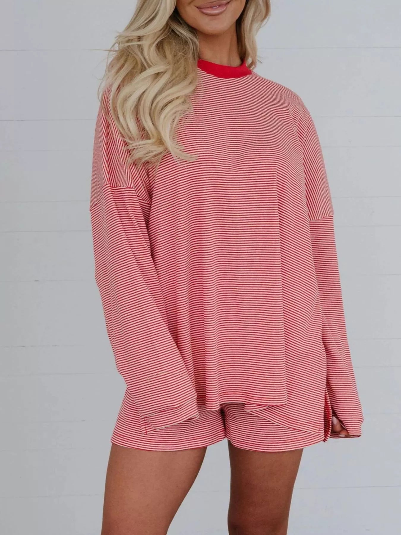 Trendsi Striped Dropped Shoulder Top and Shorts Set -