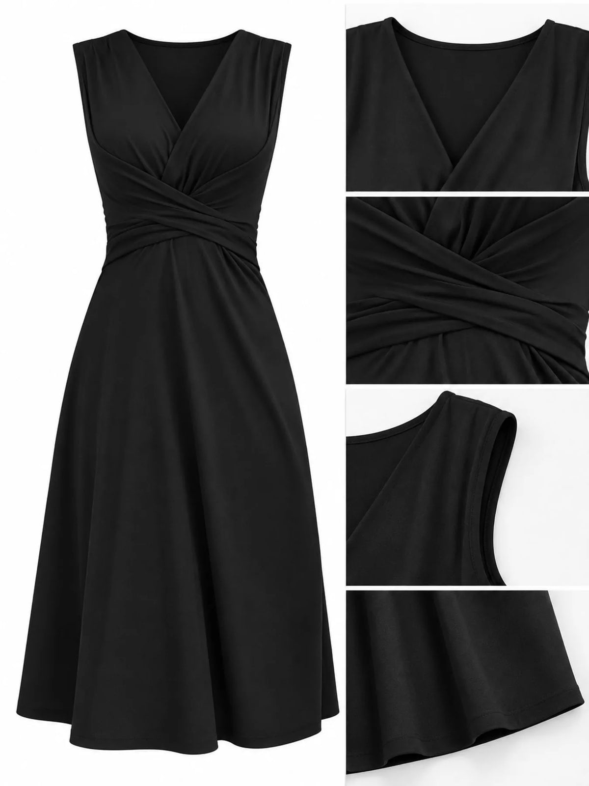 Black sleeveless ruched-front midi dress, neckline waist and construction details
