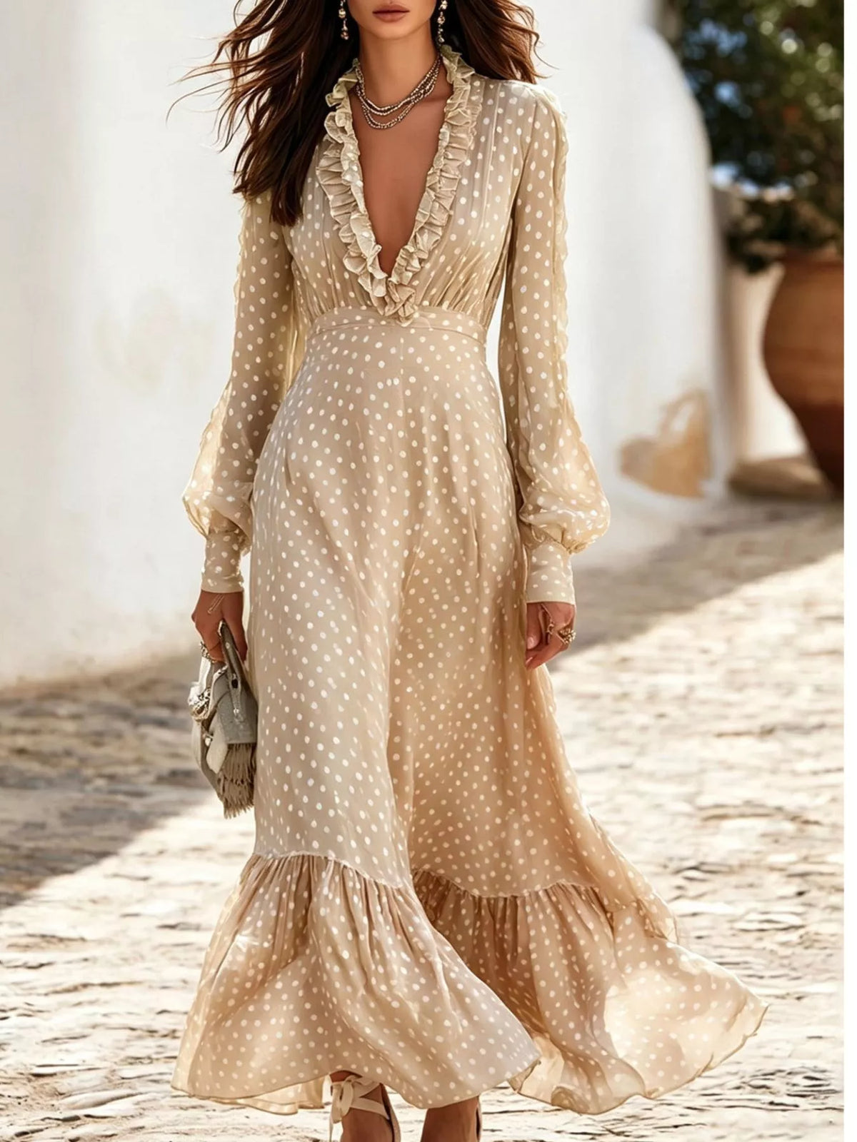 Polka-dot ruffle v-neck maxi dress