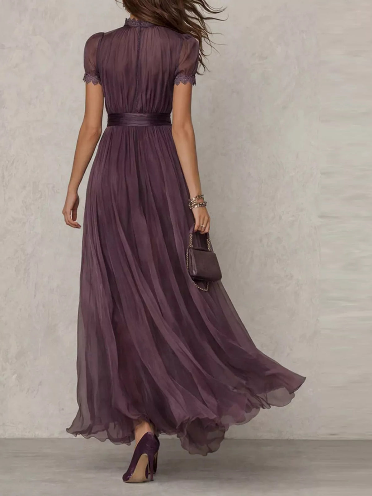 Lace Puff Sleeve Maxi Dress in purple, back view
