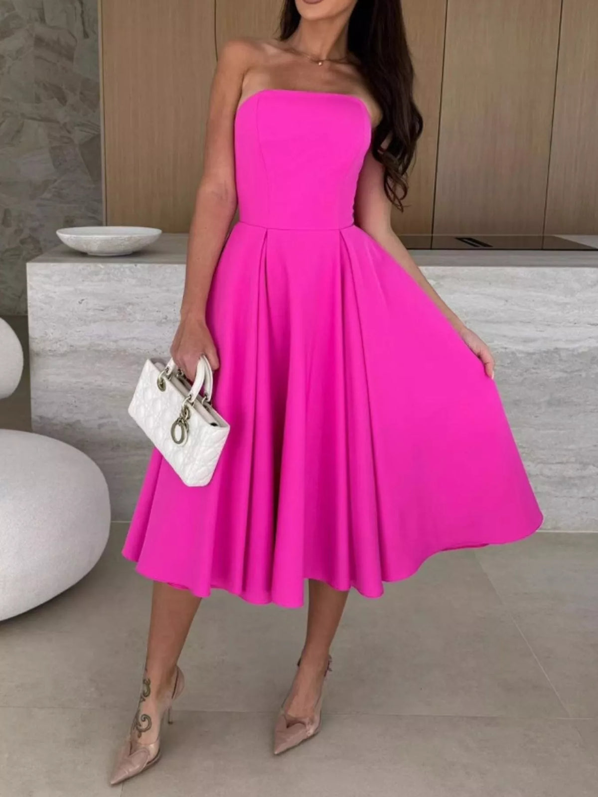 Trendsi Strapless Ruched A-Line Midi Dress -