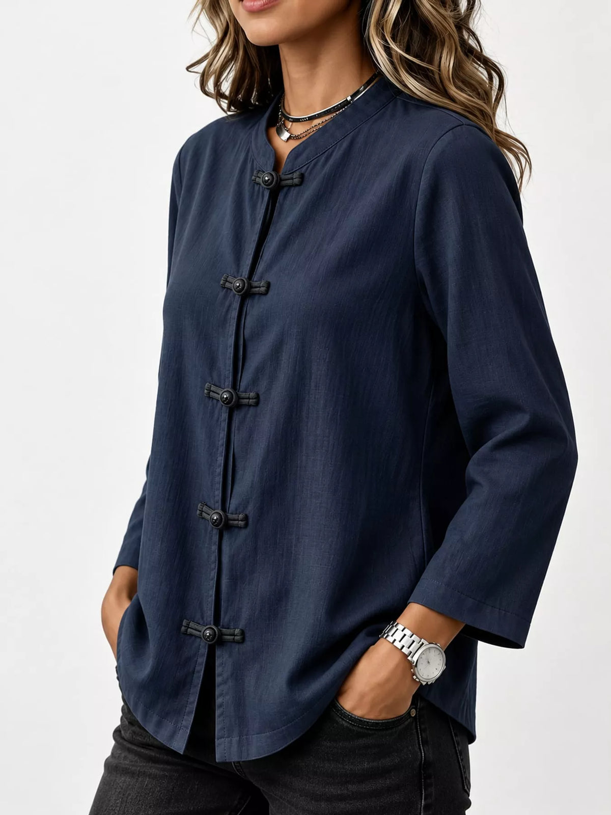 Chinese Style Mandarin Collar Blouse in navy, side view
