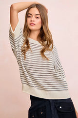 Trendsi BiBi Stripes Short Sleeves Rib Banded Outseam Knit Top -