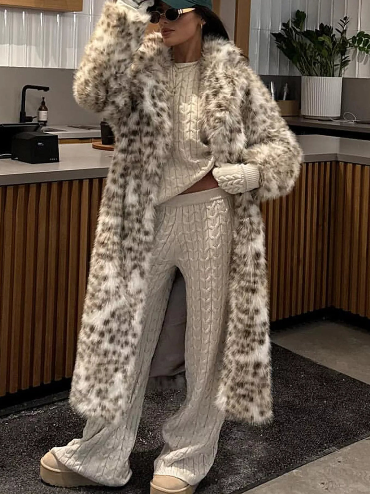 Faux Fur Leopard Longline Coat in multicolor