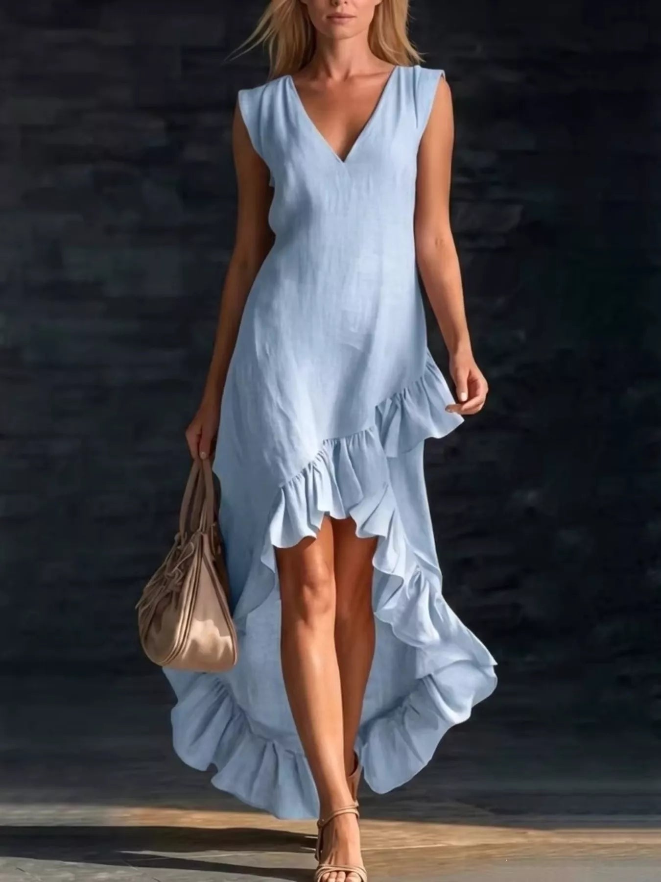 Trendsi Full Size Ruffled Asymmetrical Hem V-Neck Sleeveless Dress Plus Size -