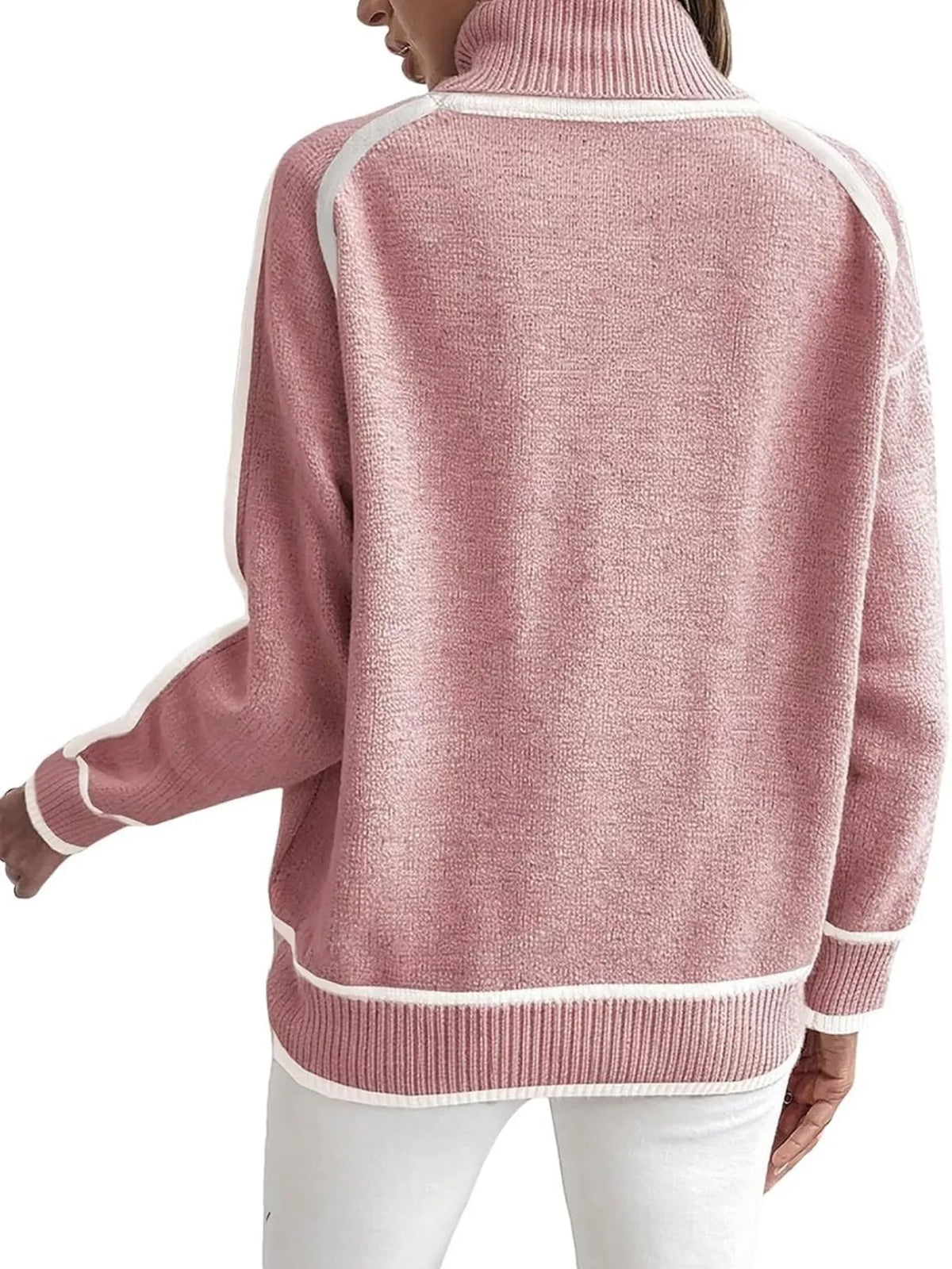 Women's Contrast Trim Ribbed Hem Turtleneck Sweater in Red, front view