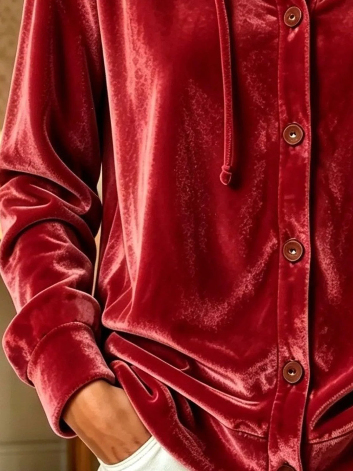 Velvet button-front hooded top