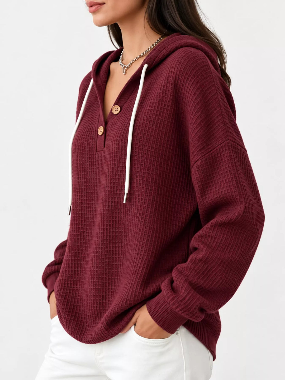 Waffle-knit hoodie, burgundy side
