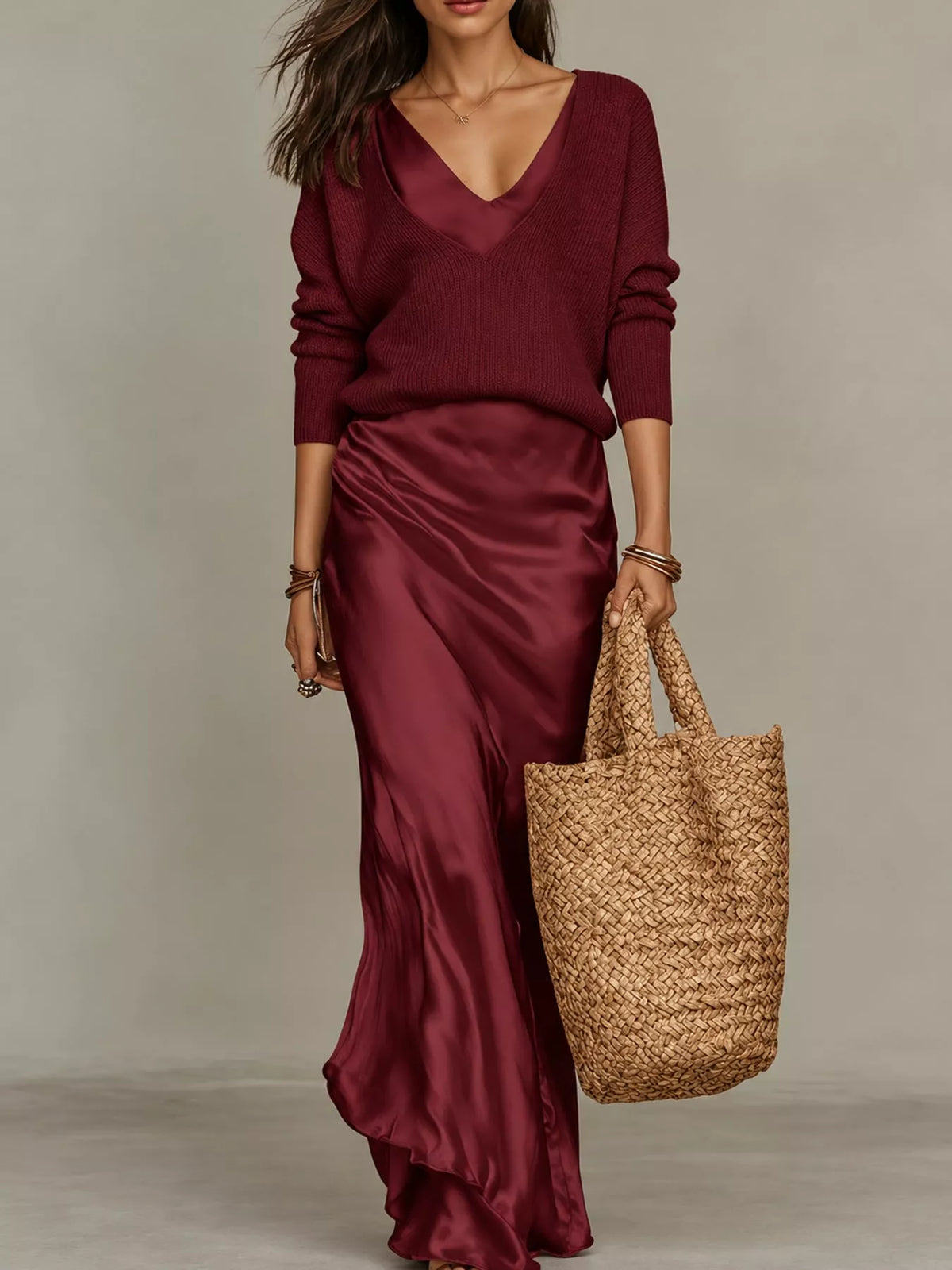 Satin Maxi Dress Two-Piece Set — front view