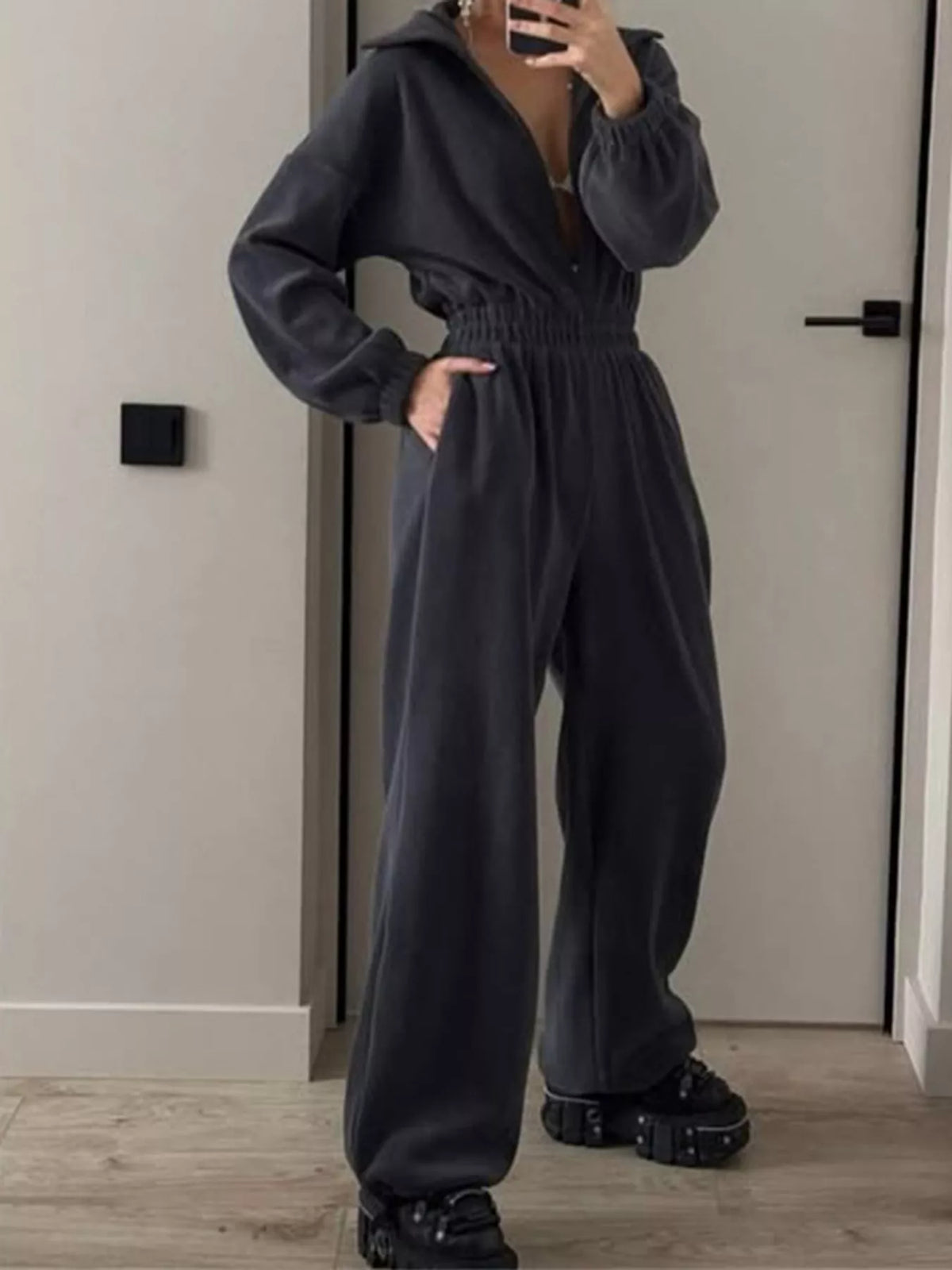 Zip Front Long Sleeve Jumpsuit — front view