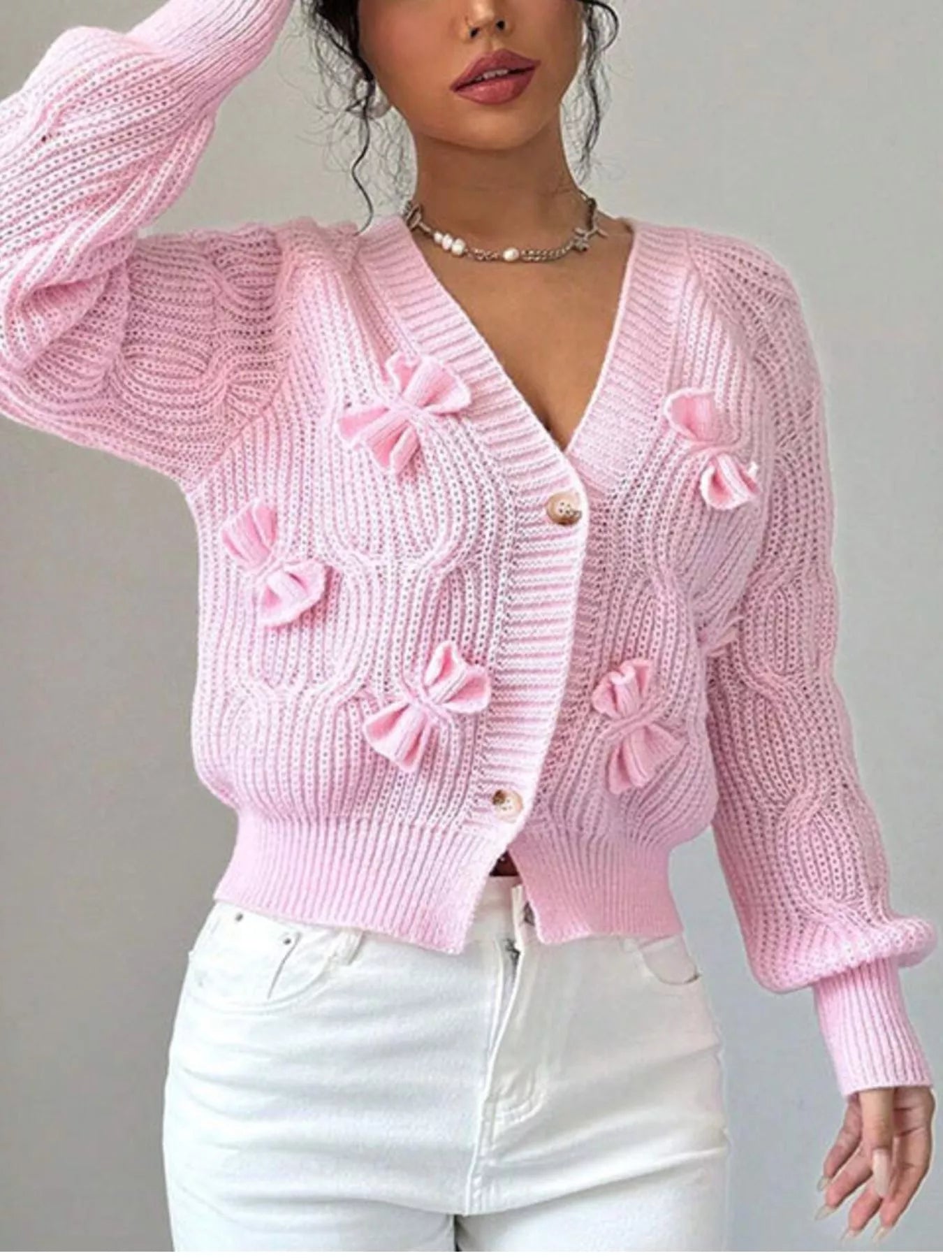 Trendsi Bow Cable Knit V-Neck Cardigan -