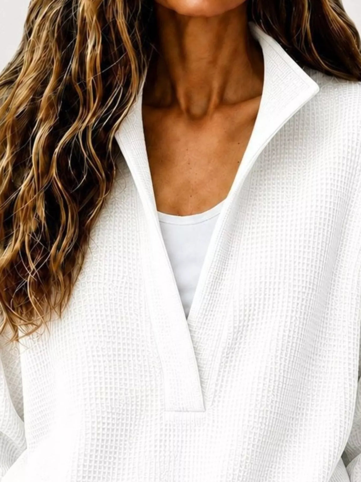 White Waffle Knit Dropped Shoulder Sweatshirt detail view