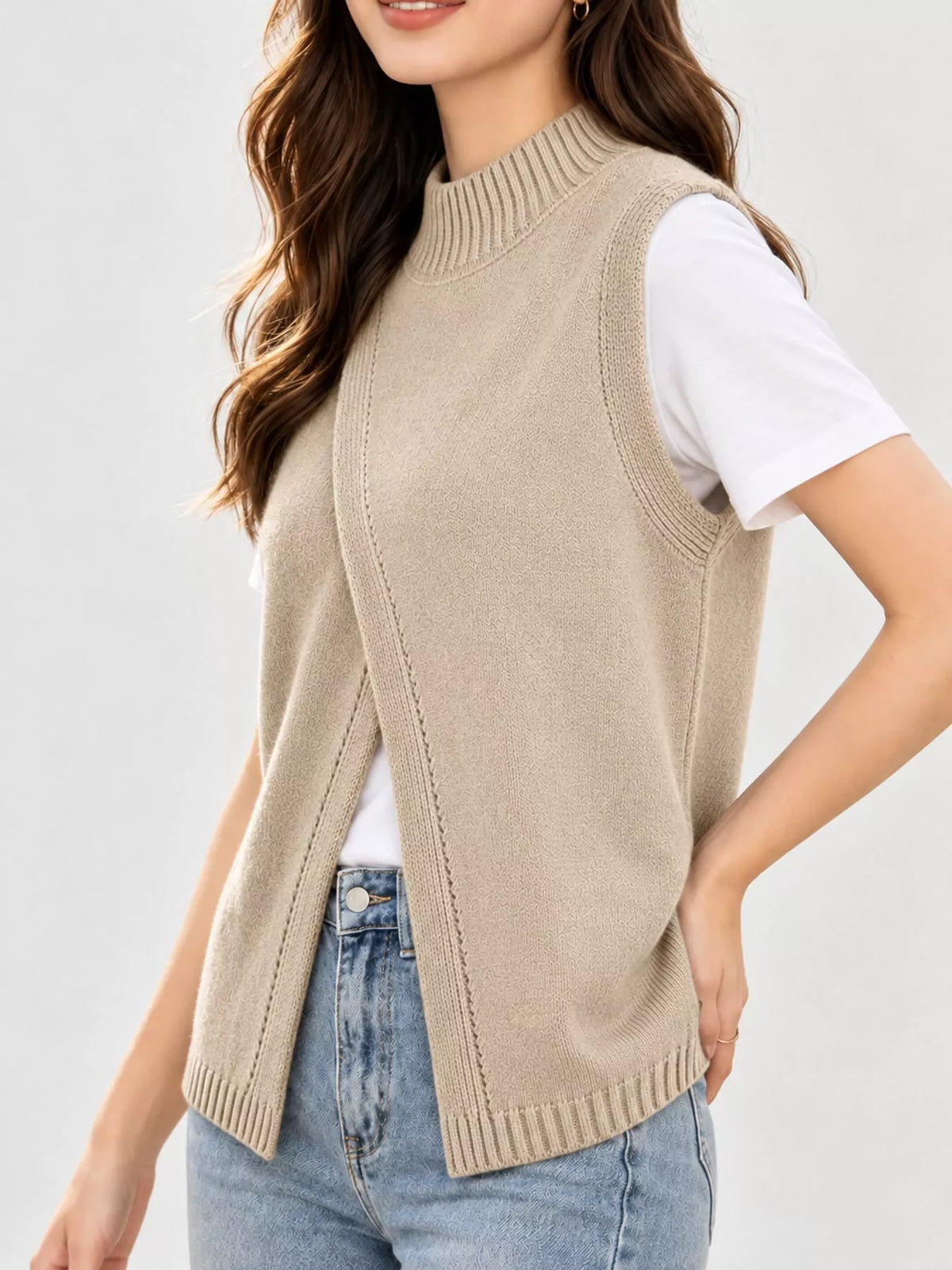 Mock Neck Asymmetrical Hem Knit Sweater Vest in beige