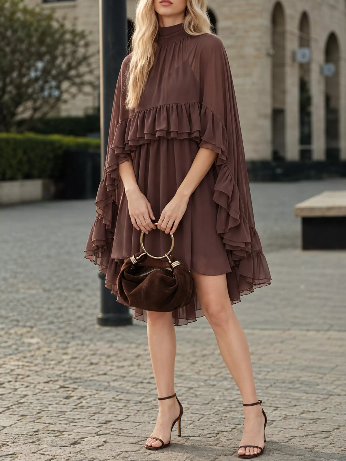 Brown ruffled cape and cami dress set, front view