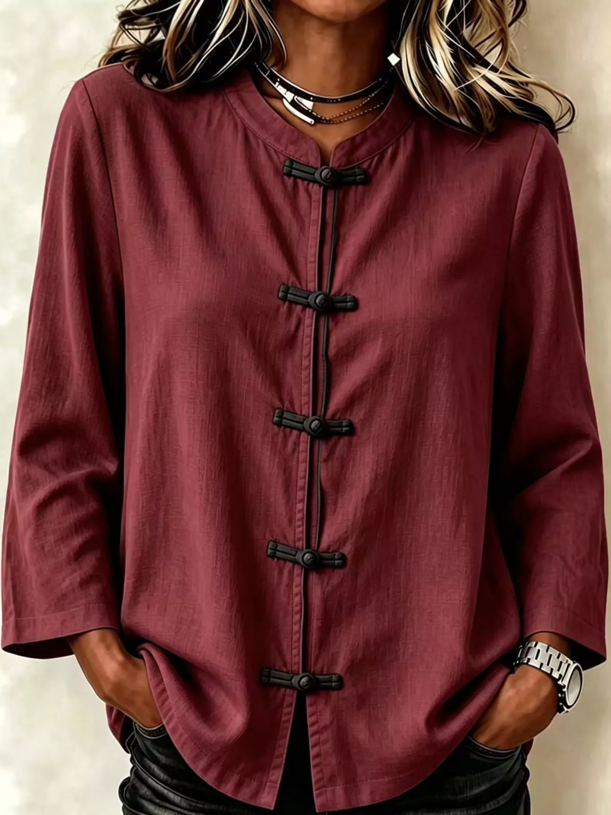 Chinese Style Mandarin Collar Blouse in burgundy, front view