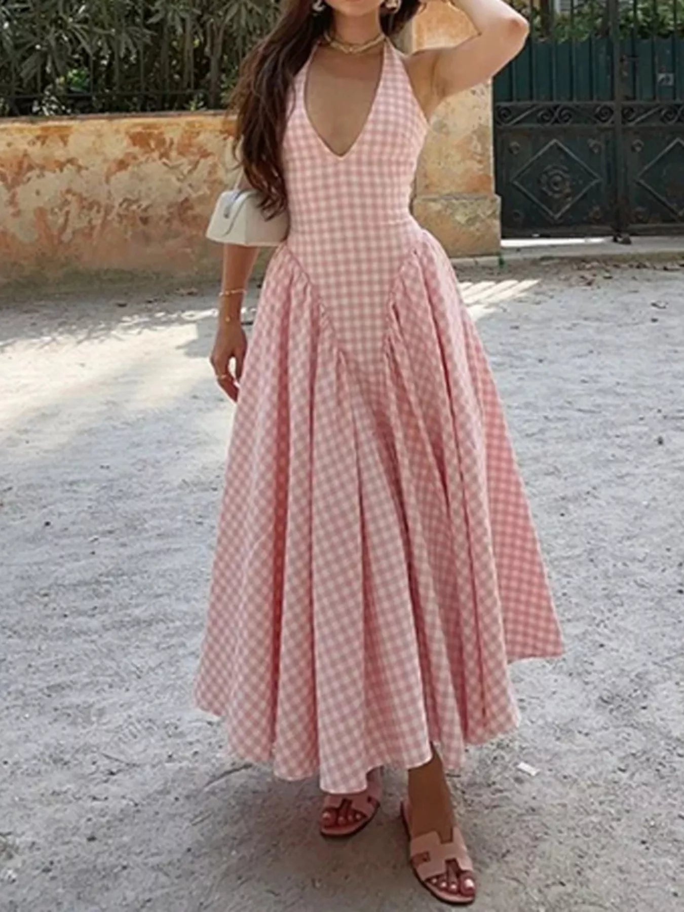 Trendsi Full Size Gingham Halter Neck Maxi Dress Plus Size -