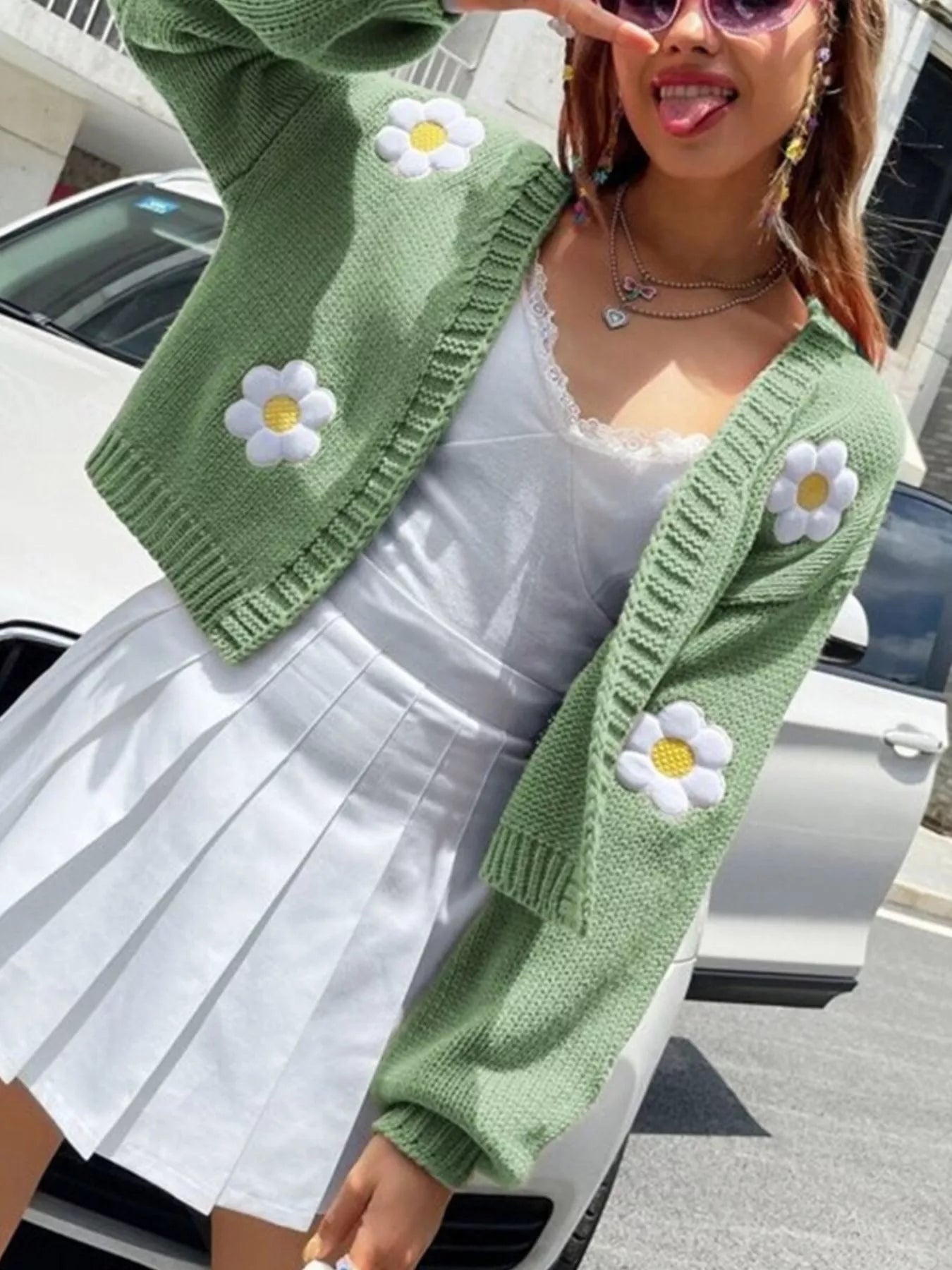 Trendsi Floral Open Front Knit Cardigan -
