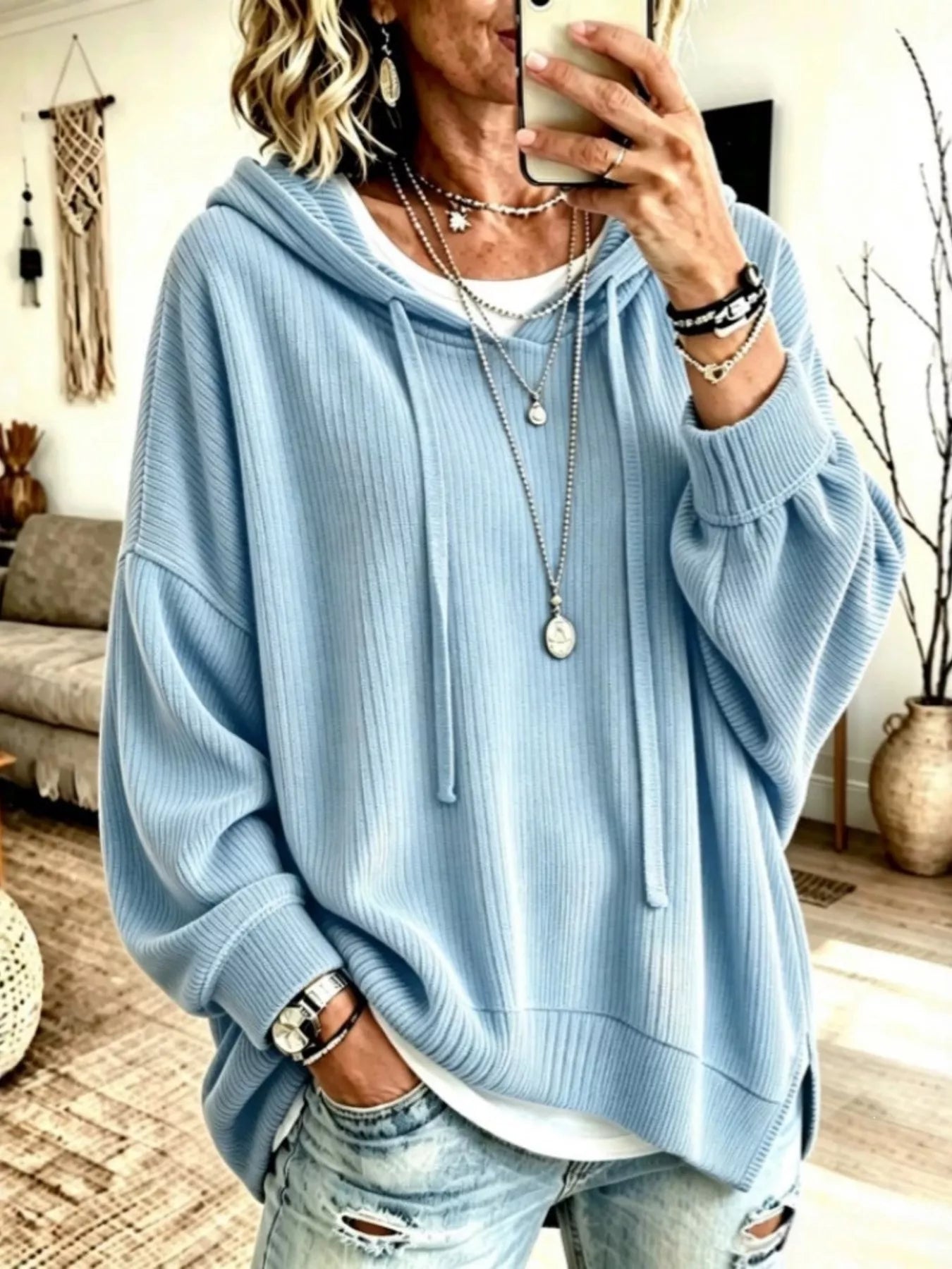 Trendsi Drawstring Ribbed Knit Hoodie -