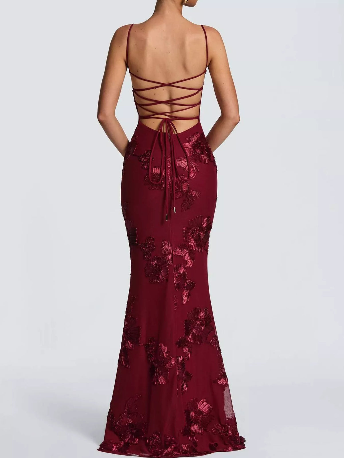 Floral spaghetti-strap maxi dress, back view