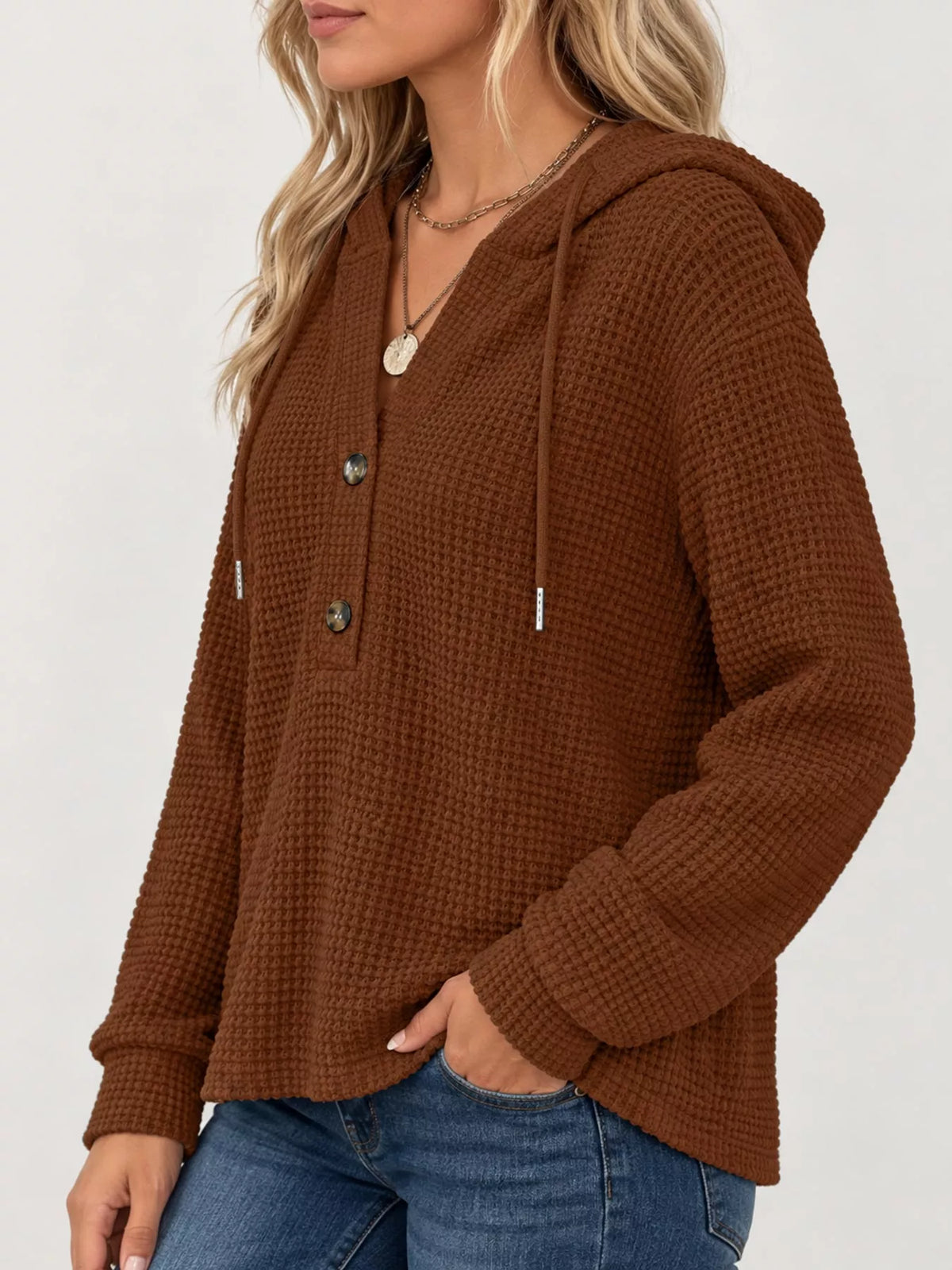 Brown waffle knit button-detail hoodie, side view