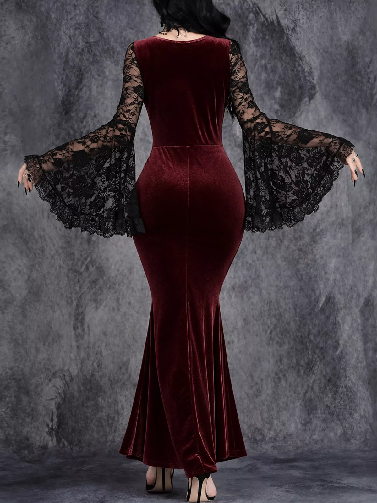 Burgundy lace flare sleeve maxi dress — back view