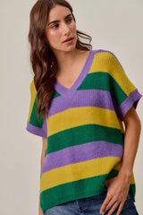 Trendsi SO ME Mardi Gras Loose Fit V Neck Stripe Sweater Top -