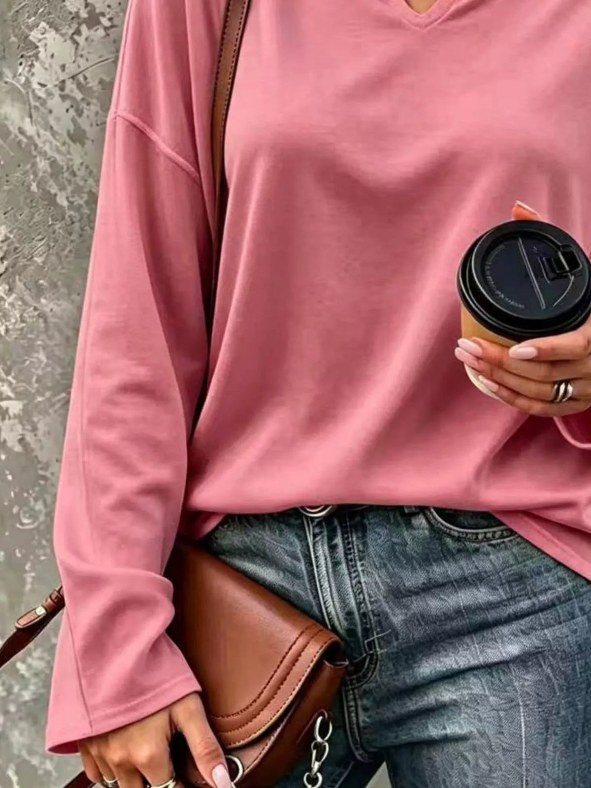 Dusty Pink Loose-Fit Notch Neck Long Sleeve T-Shirt front view