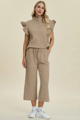 Trendsi Double Take Full Size Texture Ruffle Short Sleeve Top and Wide Leg Pants Set -