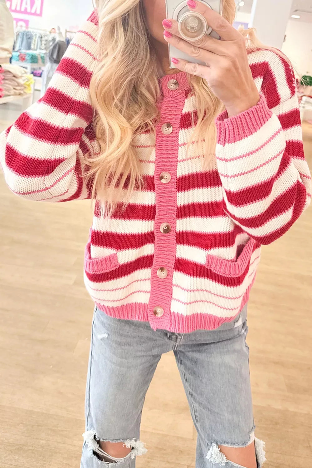 Trendsi Stripe V Neck Long Sleeve Regular Fit Cardigan -