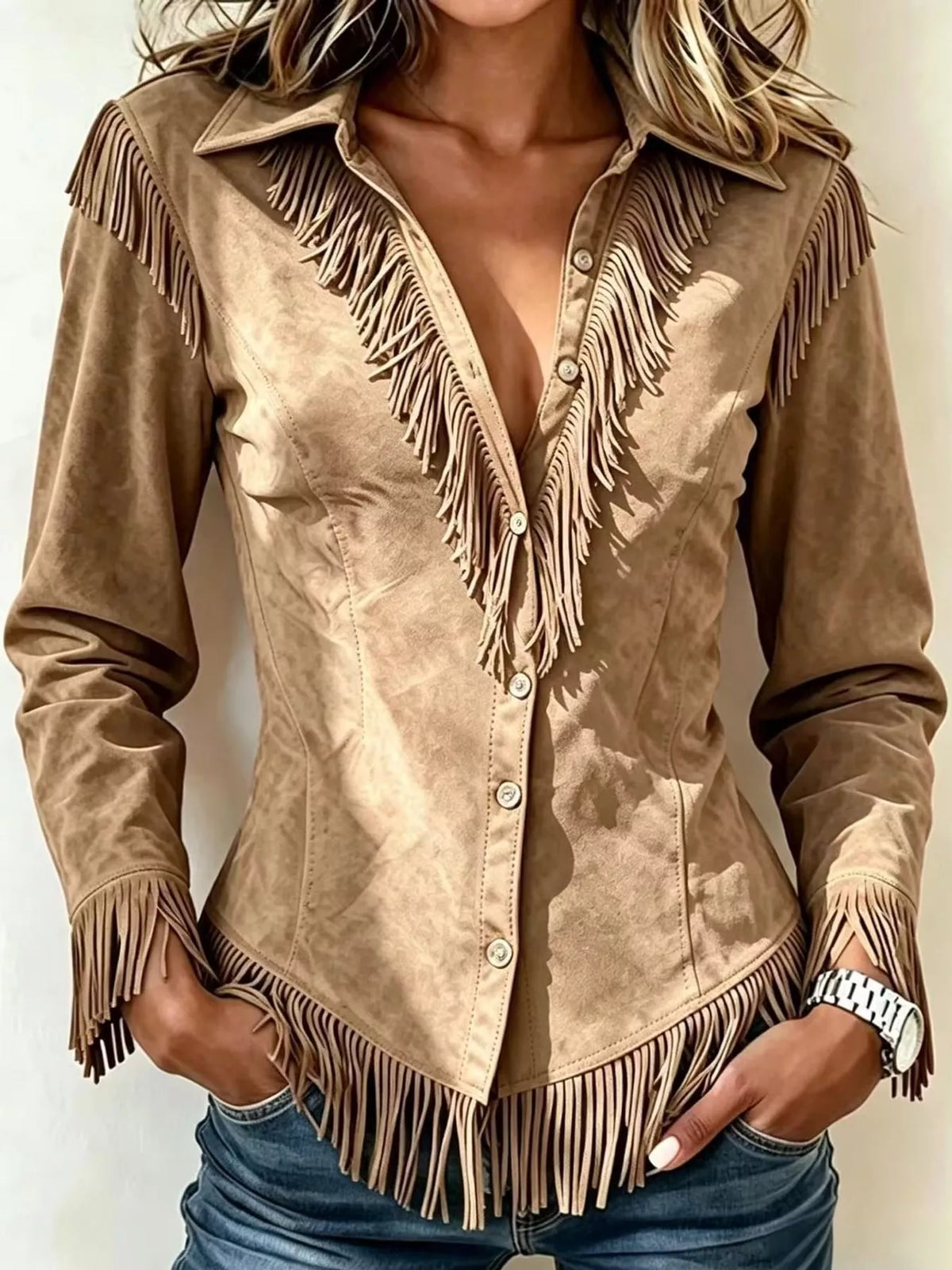 Fringe-detail shirt, tan front