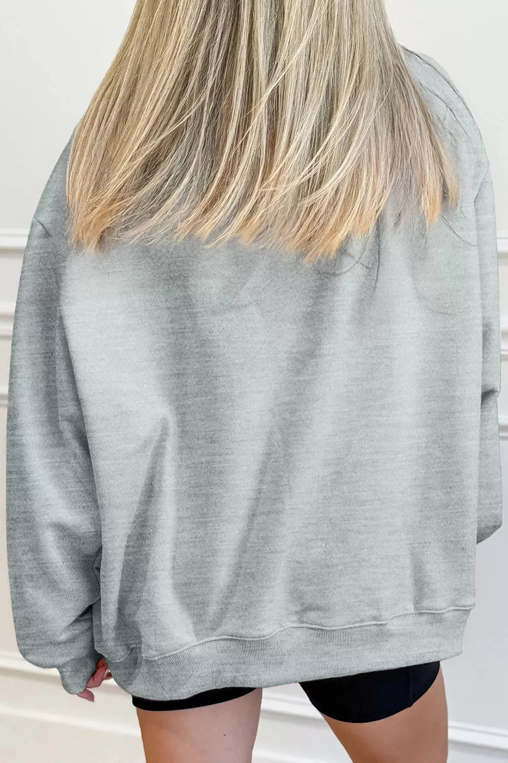 Gray lucky mallard graphic mock-neck sweatshirt, back view.