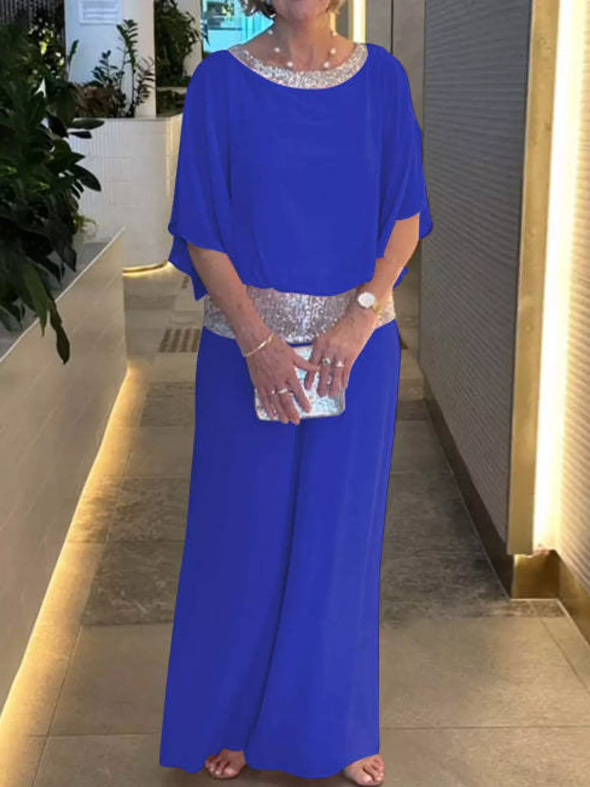 Chiffon Top and Wide-Leg Pants Set — front view