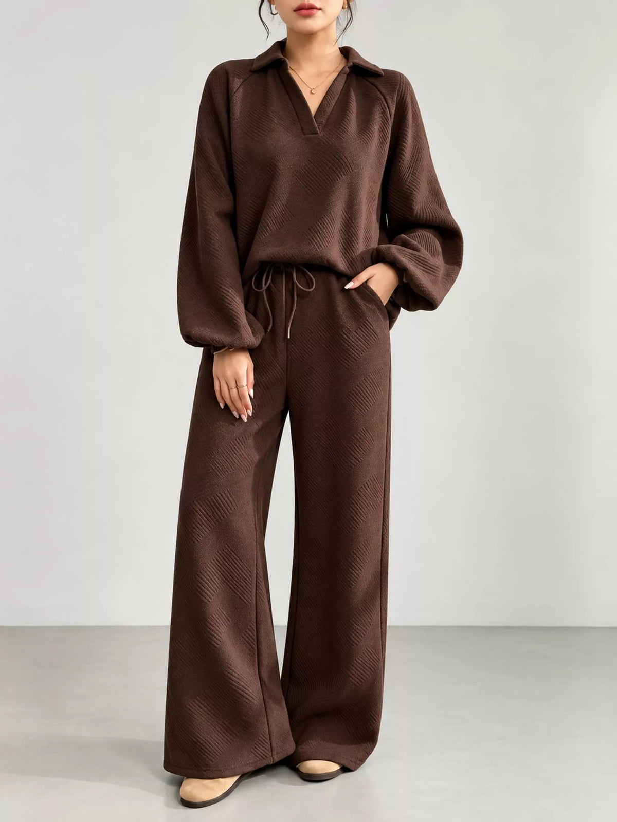 Brown textured polo collar top and wide-leg pants set — front view