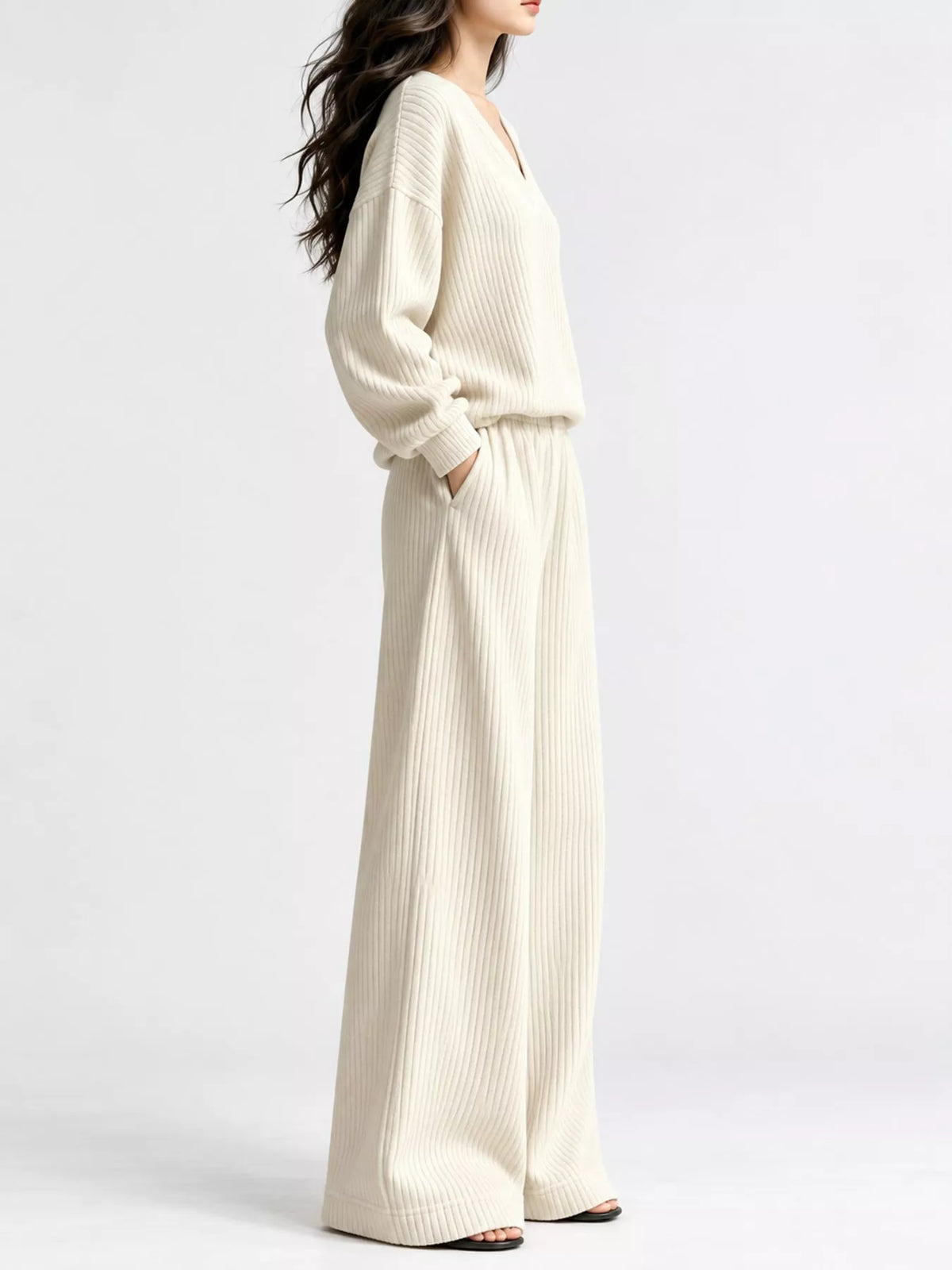 Cream corduroy v-neck top and pants set — side view